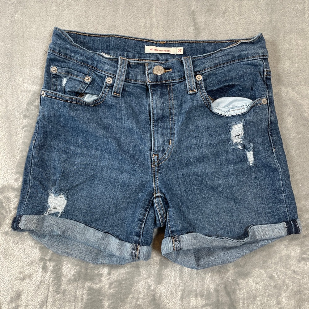 Levis Mid Length Distressed Denim Shorts Blue Cuffed Size 27 Womens